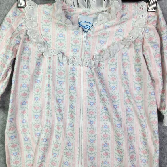 Lanz of Salzburg Flannel Zip Sleeper Pajamas Baby 12 mos Floral Ruffles Pink - Picture 2 of 11
